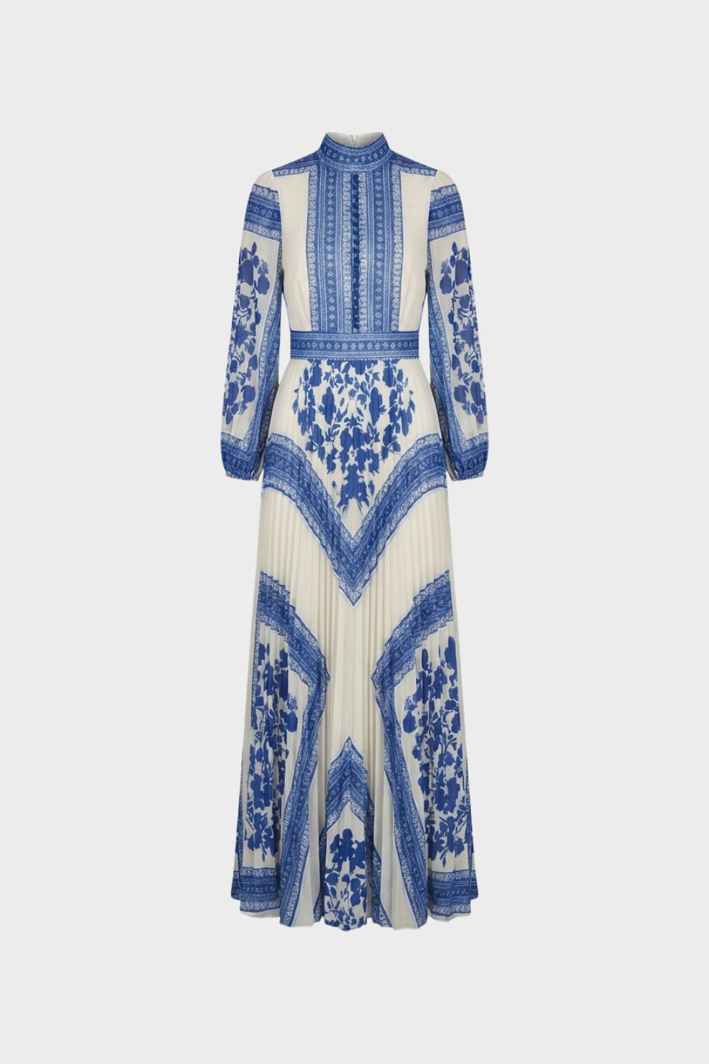 Women's Long Sleeve Maxi Dress with Pattern and Stand-Up Collar