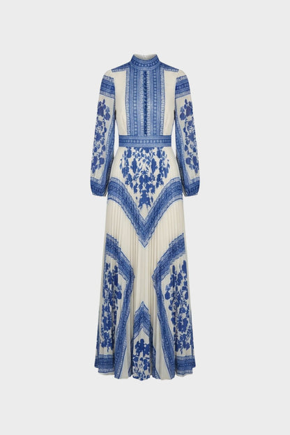 Women's Long Sleeve Maxi Dress with Pattern and Stand-Up Collar