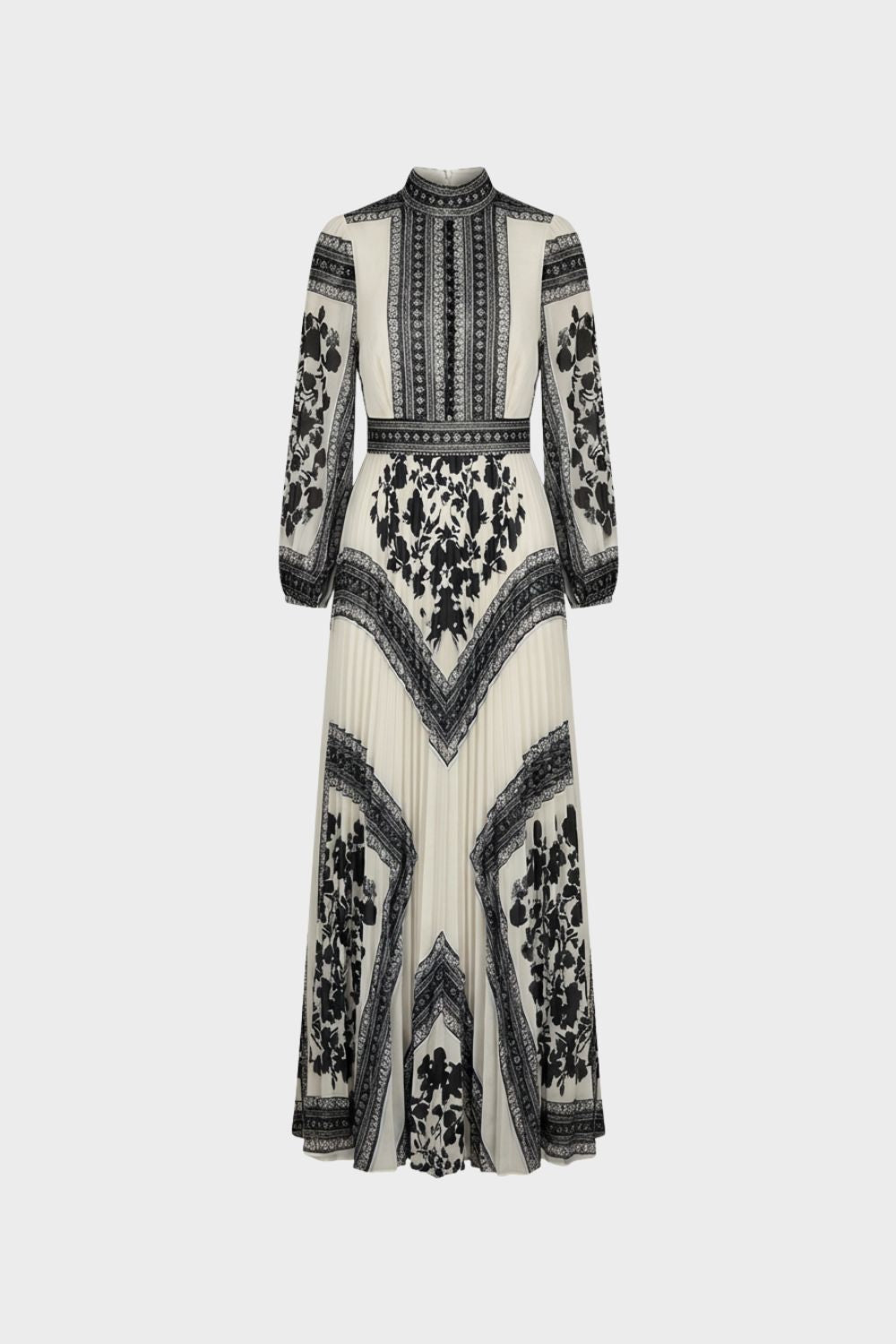 Women's Long Sleeve Maxi Dress with Pattern and Stand-Up Collar