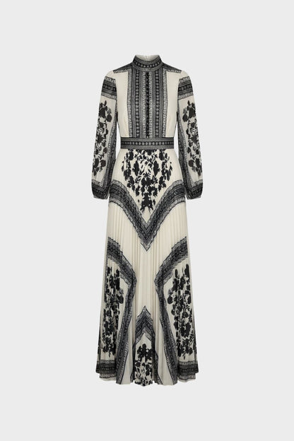 Women's Long Sleeve Maxi Dress with Pattern and Stand-Up Collar