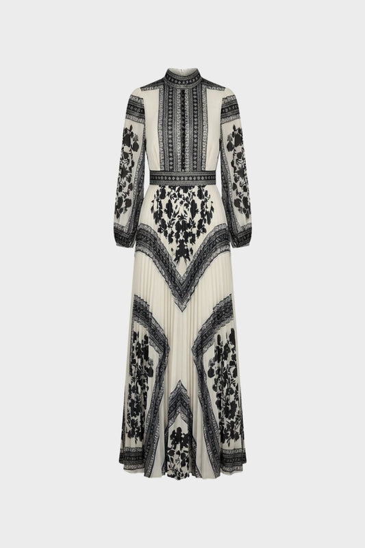 Women's Long Sleeve Maxi Dress with Pattern and Stand-Up Collar