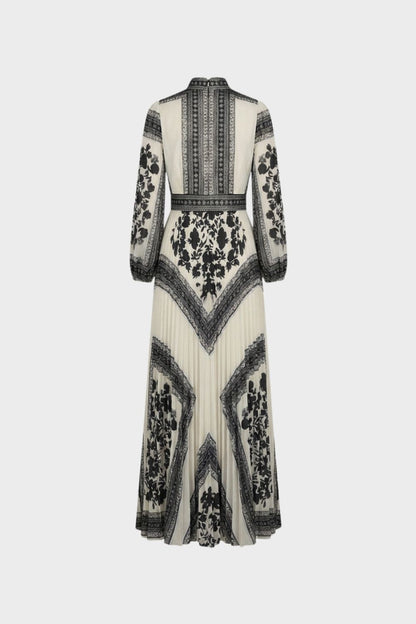 Women's Long Sleeve Maxi Dress with Pattern and Stand-Up Collar