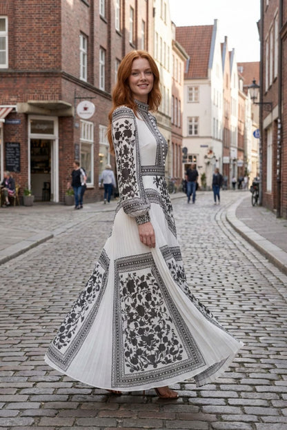 Women's Long Sleeve Maxi Dress with Pattern and Stand-Up Collar