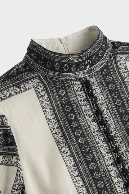 Women's Long Sleeve Maxi Dress with Pattern and Stand-Up Collar