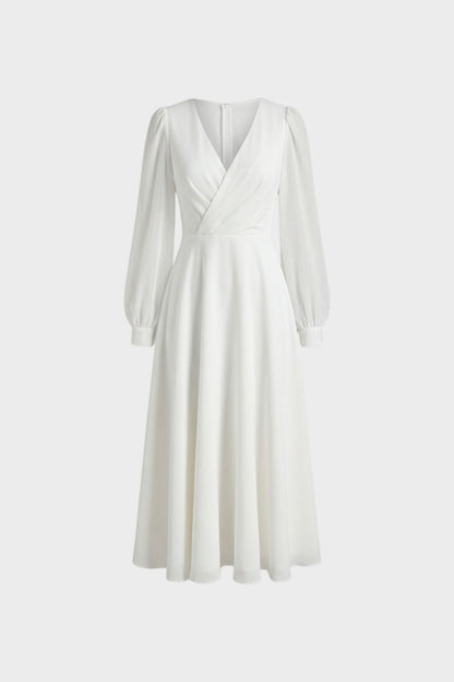 Women's Midi Dress with V-Neck and Long Sleeves