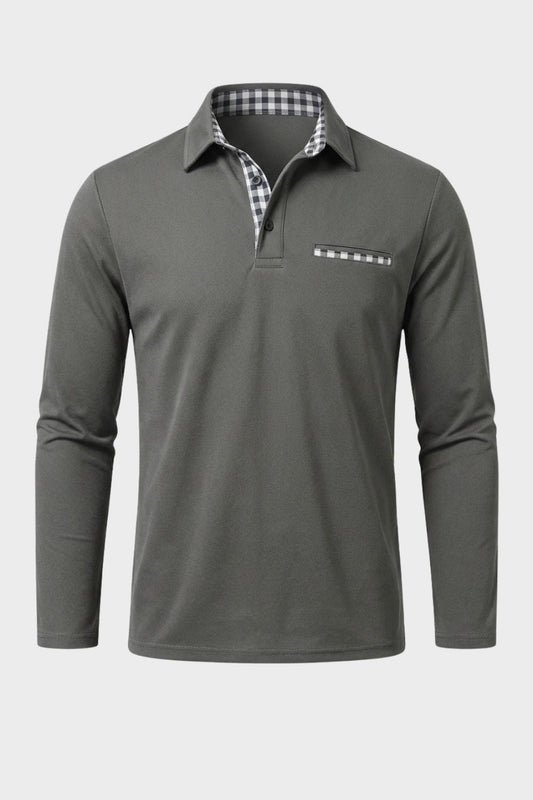 Men's Long Sleeve Polo Shirt with Collar and Chest Pocket
