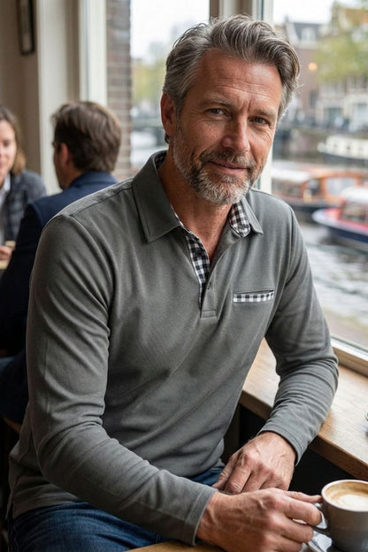 Men's Long Sleeve Polo Shirt with Collar and Chest Pocket