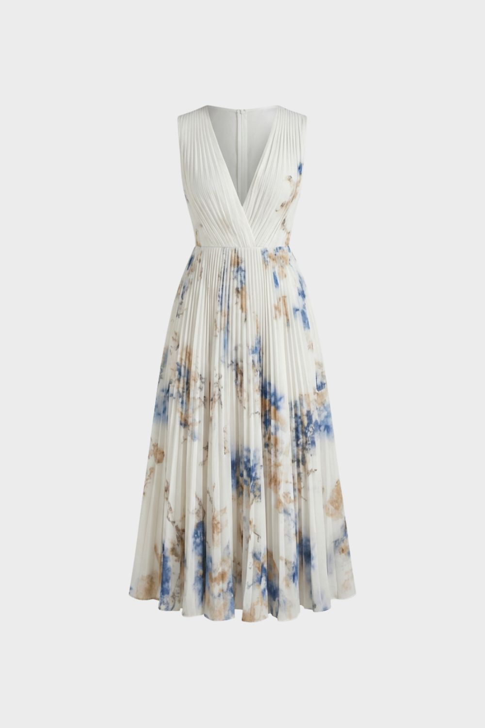 Women's Midi Dress with Pleats and V-Neck