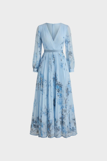 Women's Midi Dress with Pleats and V-Neck