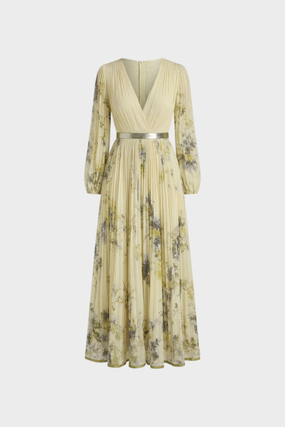 Women's Midi Dress with Pleats and V-Neck