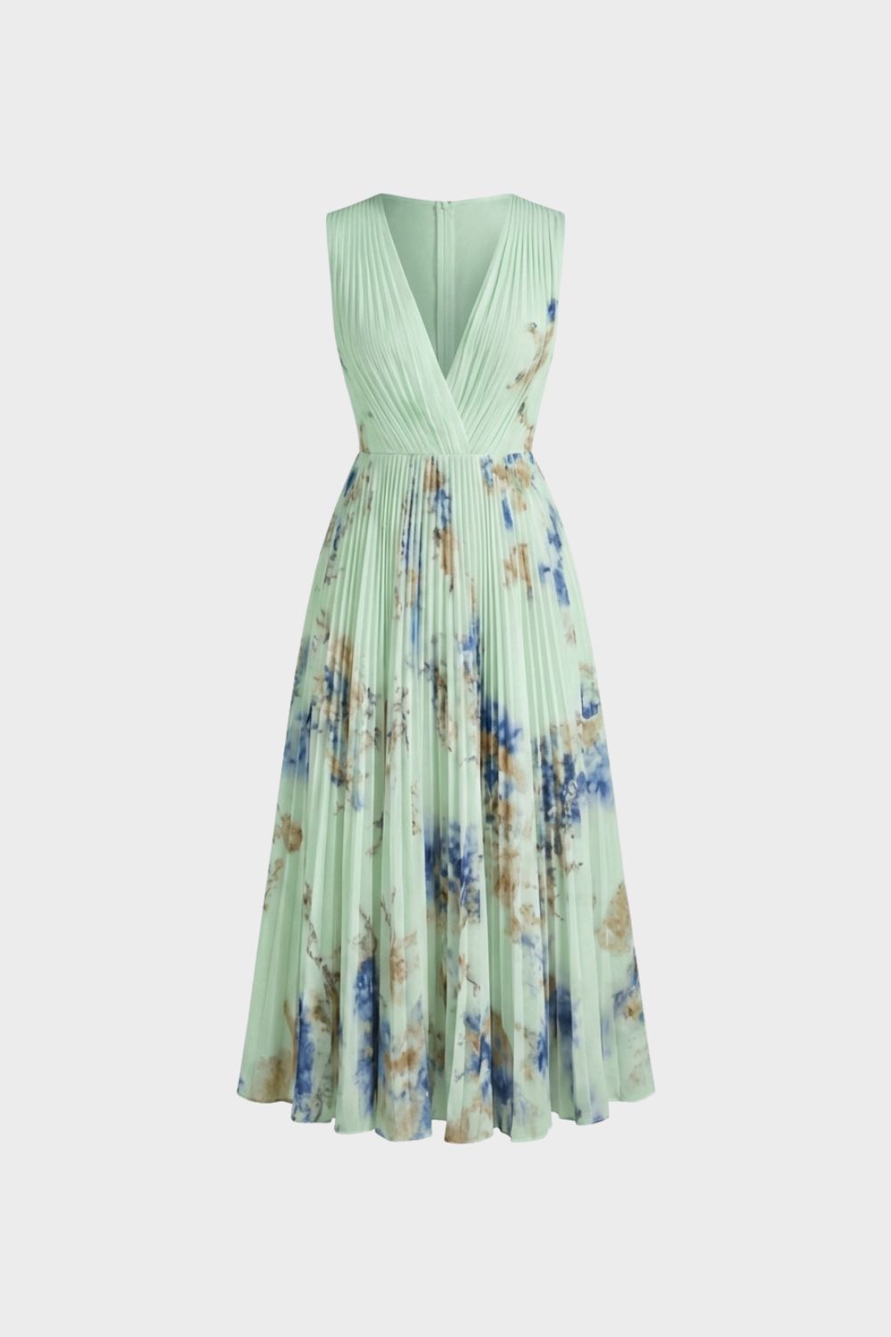Women's Midi Dress with Pleats and V-Neck