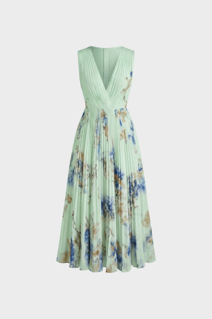Women's Midi Dress with Pleats and V-Neck