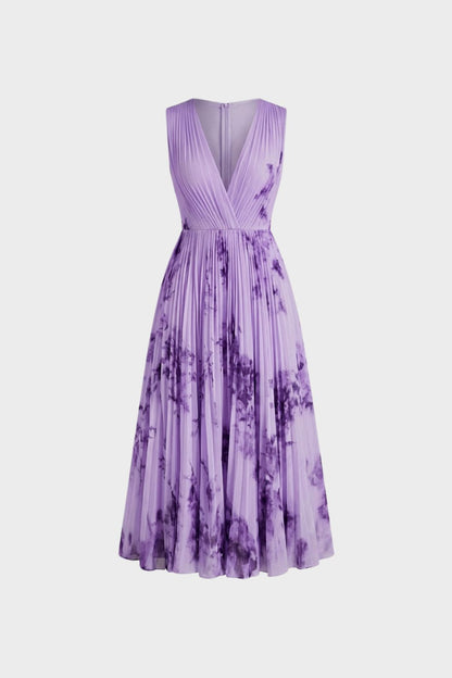 Women's Midi Dress with Pleats and V-Neck