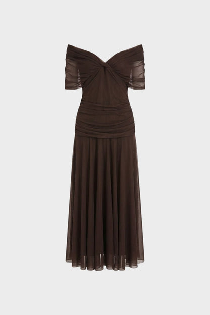 Women's Chiffon Evening Dress with Off-Shoulder Neckline