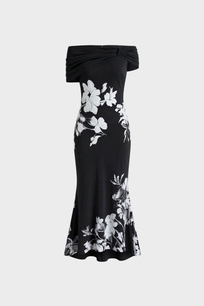 Women's Off-Shoulder Maxi Dress with Floral Print – Figure-Hugging
