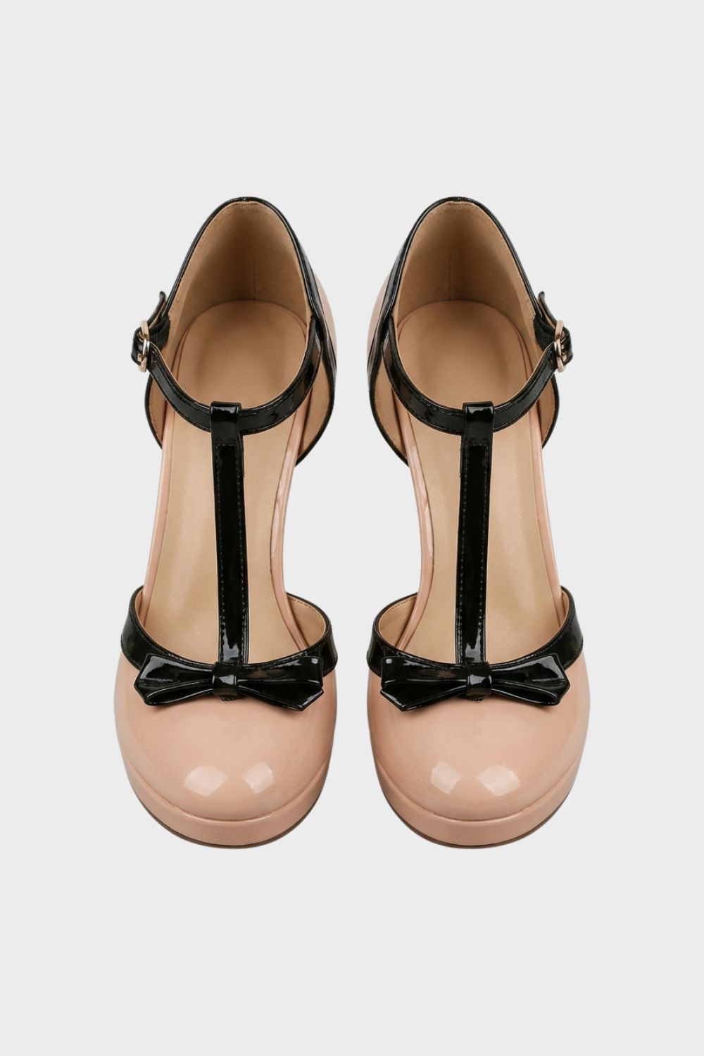 Women's Mary Jane Pumps in Nude with T-Bar and Bow – Patent Look