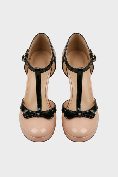 Women's Mary Jane Pumps in Nude with T-Bar and Bow – Patent Look