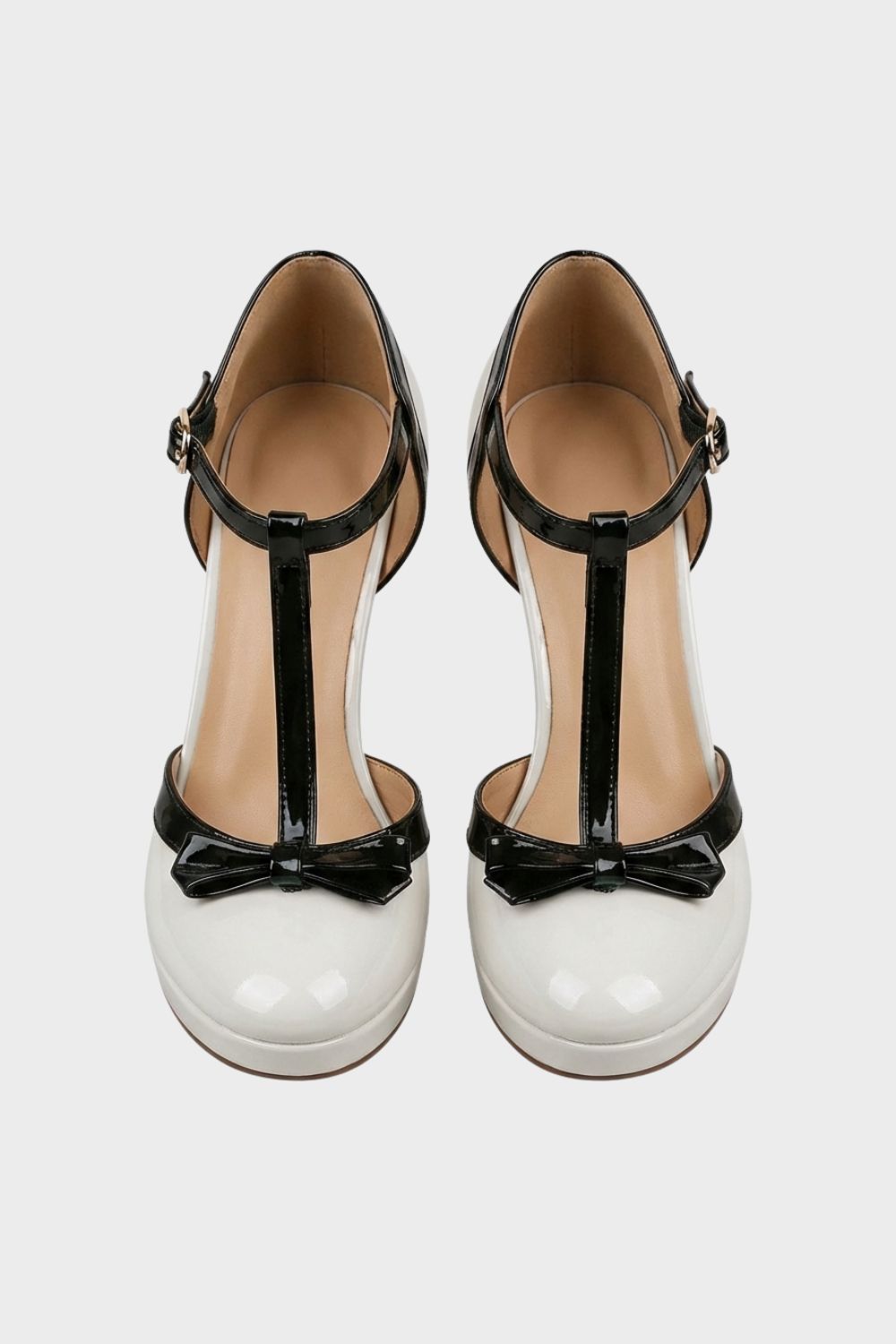 Women's Mary Jane Pumps in Nude with T-Bar and Bow – Patent Look