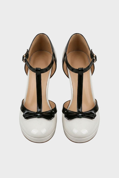 Women's Mary Jane Pumps in Nude with T-Bar and Bow – Patent Look