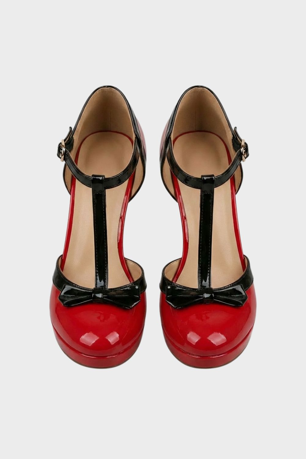 Women's Mary Jane Pumps in Nude with T-Bar and Bow – Patent Look