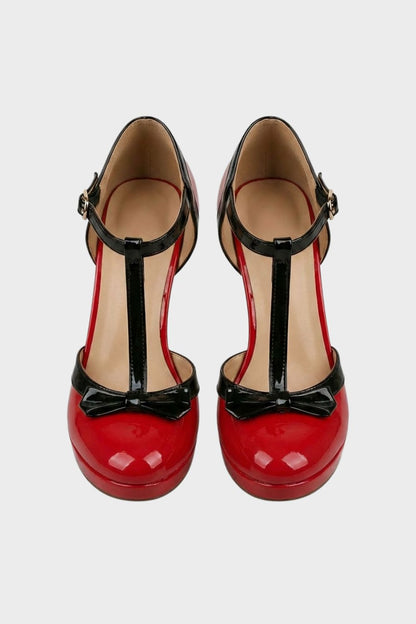 Women's Mary Jane Pumps in Nude with T-Bar and Bow – Patent Look
