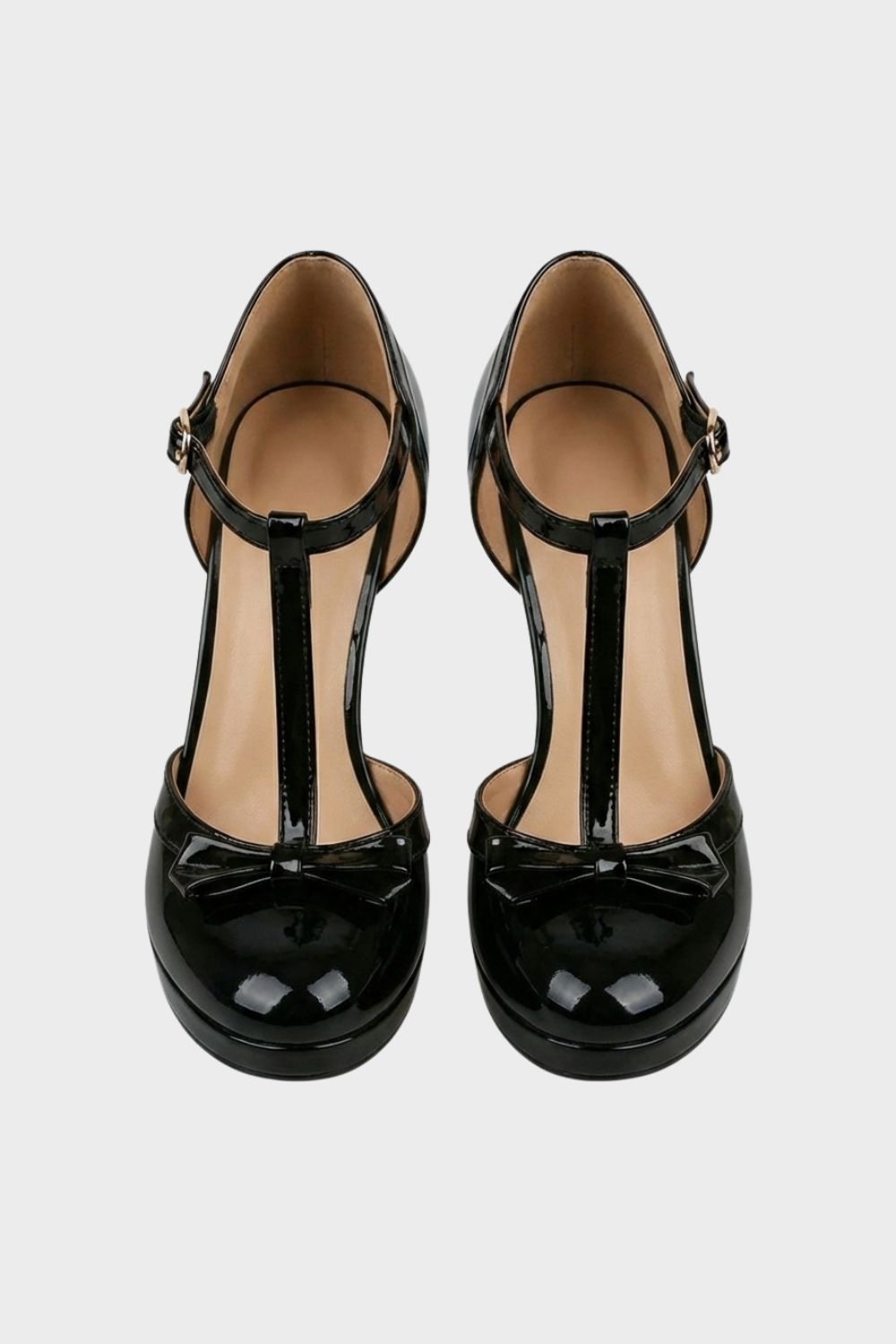 Women's Mary Jane Pumps in Nude with T-Bar and Bow – Patent Look