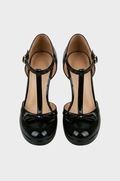 Women's Mary Jane Pumps in Nude with T-Bar and Bow – Patent Look
