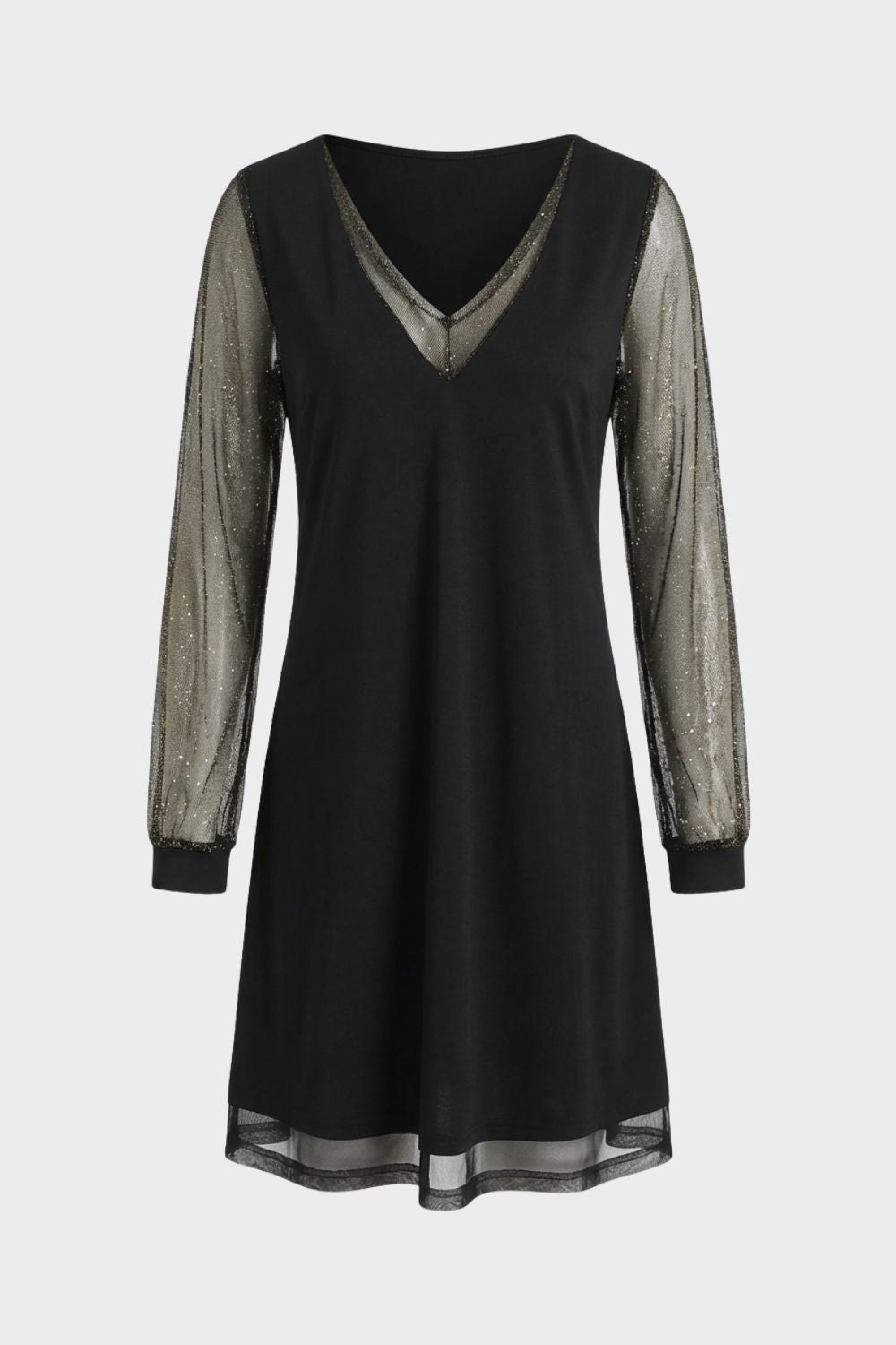 Women's A-Line Dress in Black with V-Neck and Glitter Sleeves