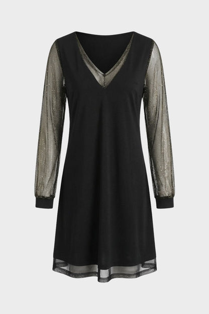 Women's A-Line Dress in Black with V-Neck and Glitter Sleeves