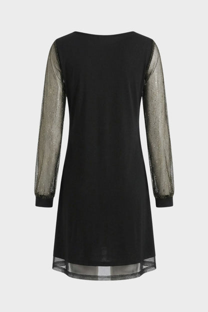 Women's A-Line Dress in Black with V-Neck and Glitter Sleeves