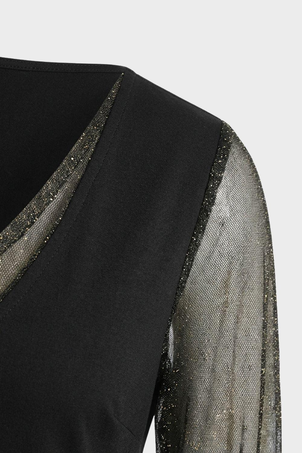 Women's A-Line Dress in Black with V-Neck and Glitter Sleeves