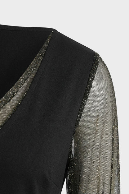 Women's A-Line Dress in Black with V-Neck and Glitter Sleeves