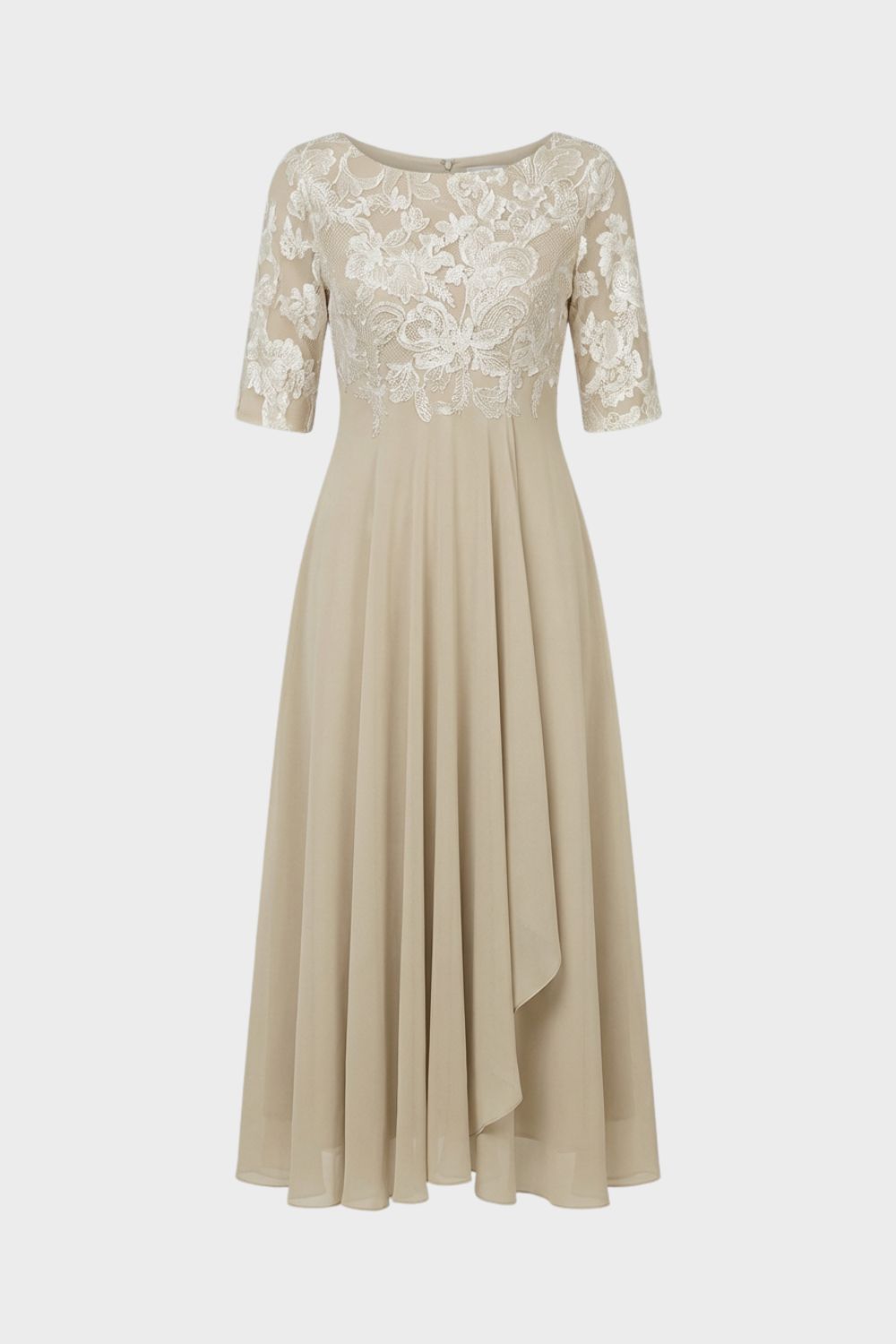 Women's Chiffon Maxi Dress in Champagne with Lace Top and 3/4 Sleeves