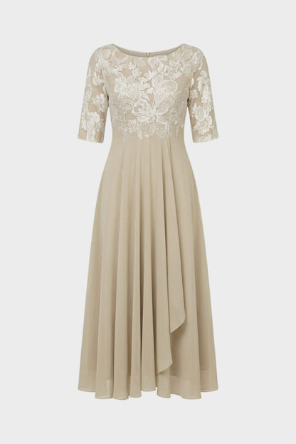 Women's Chiffon Maxi Dress in Champagne with Lace Top and 3/4 Sleeves