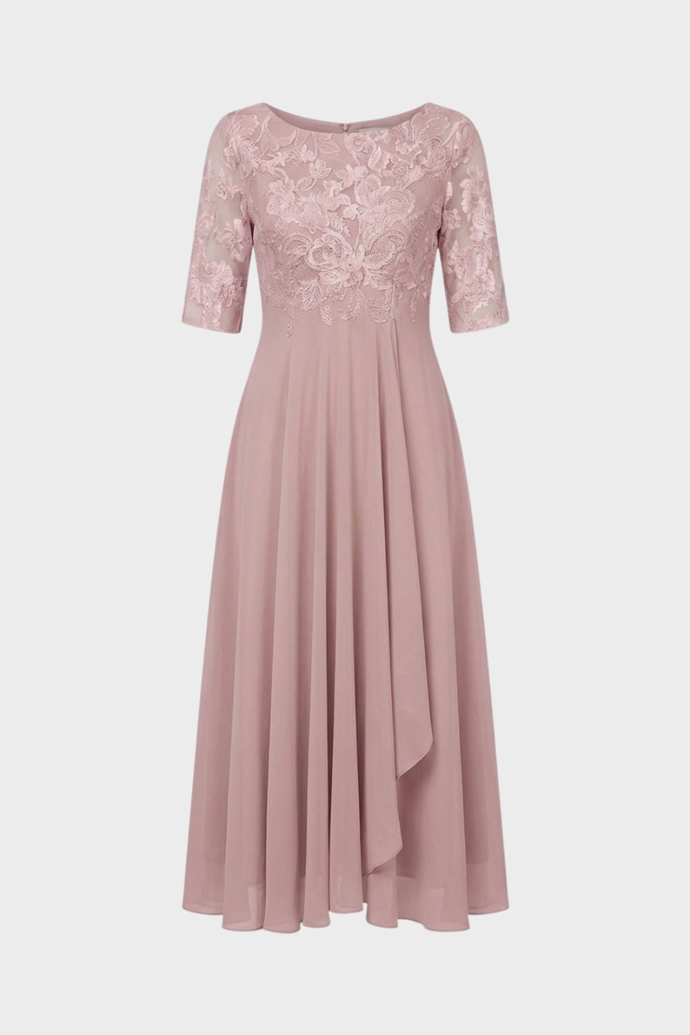 Women's Chiffon Maxi Dress in Champagne with Lace Top and 3/4 Sleeves