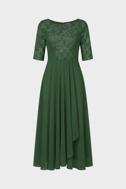 Women's Chiffon Maxi Dress in Champagne with Lace Top and 3/4 Sleeves