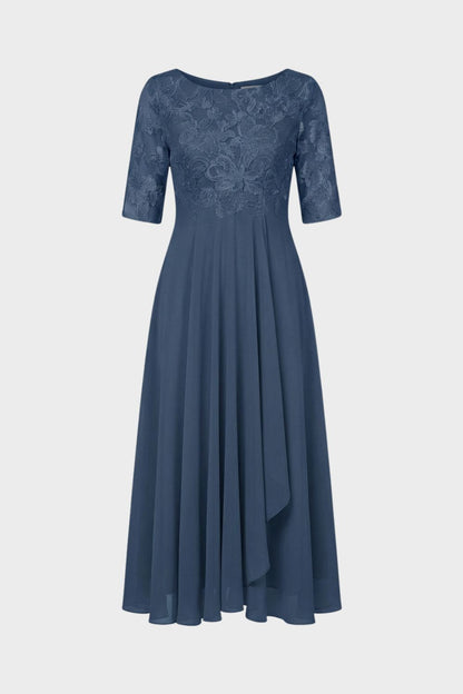 Women's Chiffon Maxi Dress in Champagne with Lace Top and 3/4 Sleeves