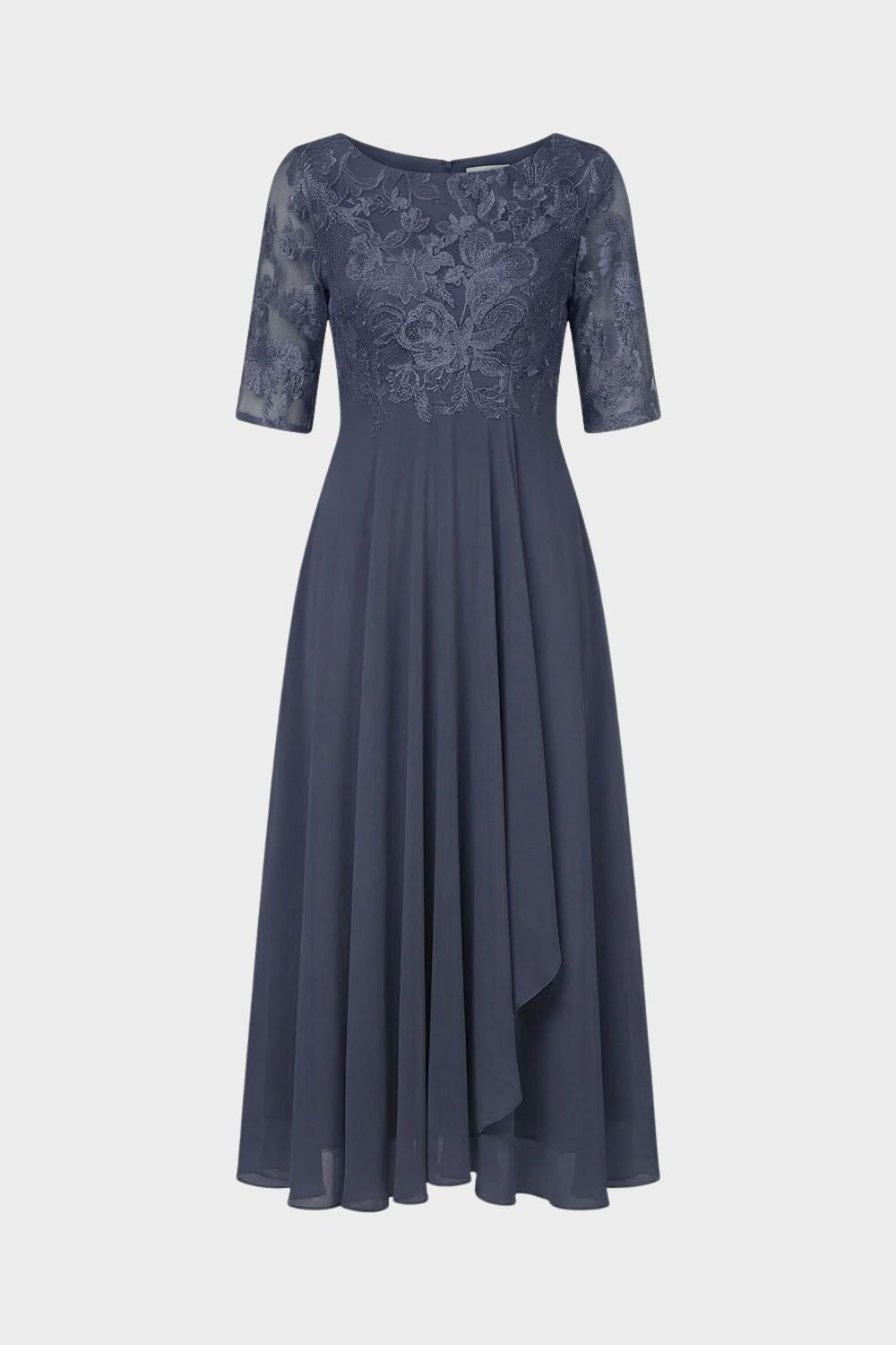 Women's Chiffon Maxi Dress in Champagne with Lace Top and 3/4 Sleeves