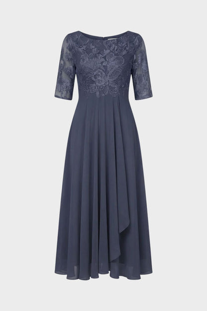 Women's Chiffon Maxi Dress in Champagne with Lace Top and 3/4 Sleeves