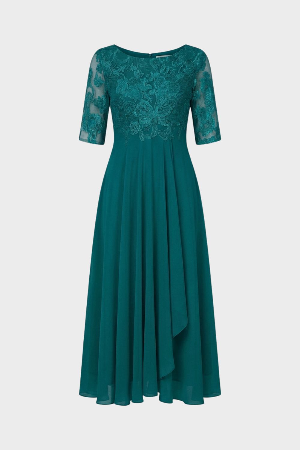 Women's Chiffon Maxi Dress in Champagne with Lace Top and 3/4 Sleeves
