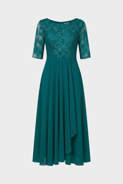Women's Chiffon Maxi Dress in Champagne with Lace Top and 3/4 Sleeves