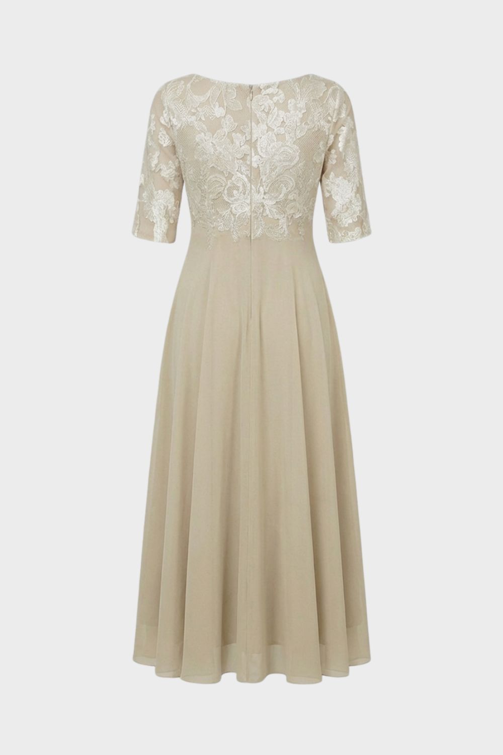 Women's Chiffon Maxi Dress in Champagne with Lace Top and 3/4 Sleeves