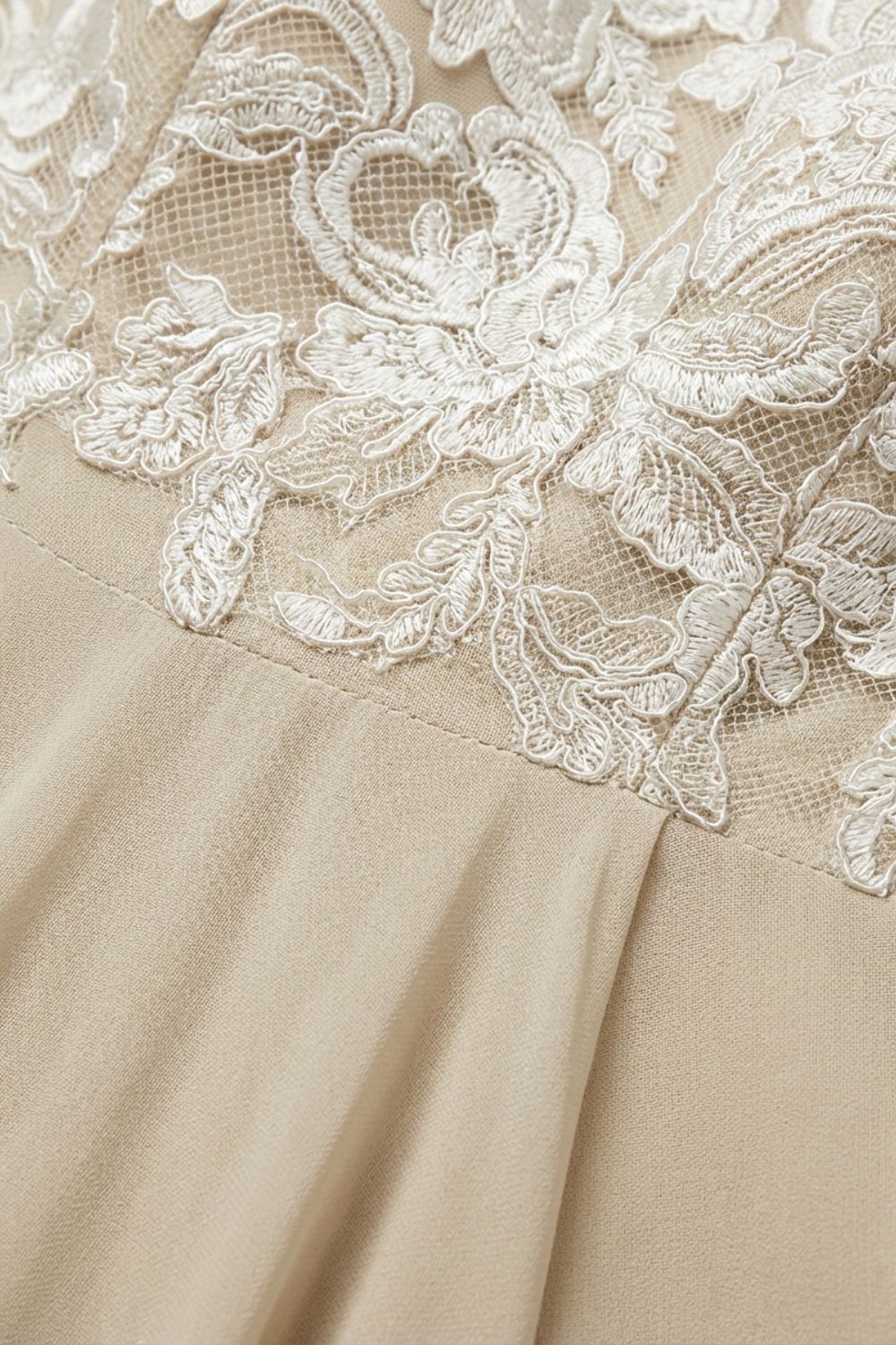 Women's Chiffon Maxi Dress in Champagne with Lace Top and 3/4 Sleeves