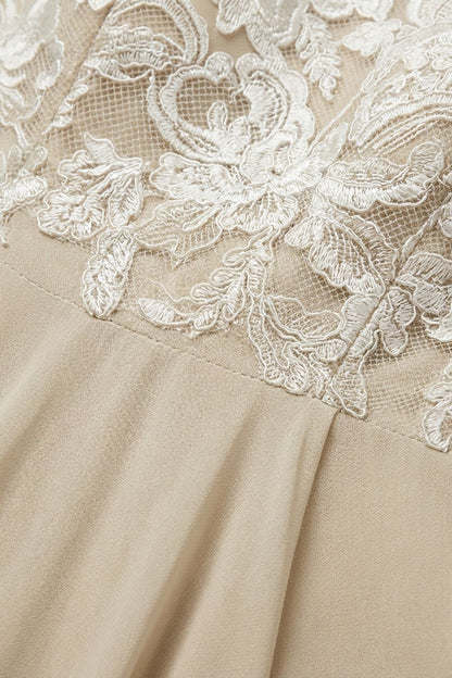 Women's Chiffon Maxi Dress in Champagne with Lace Top and 3/4 Sleeves