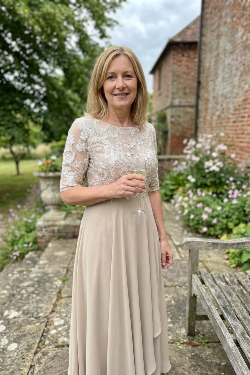 Women's Chiffon Maxi Dress in Champagne with Lace Top and 3/4 Sleeves