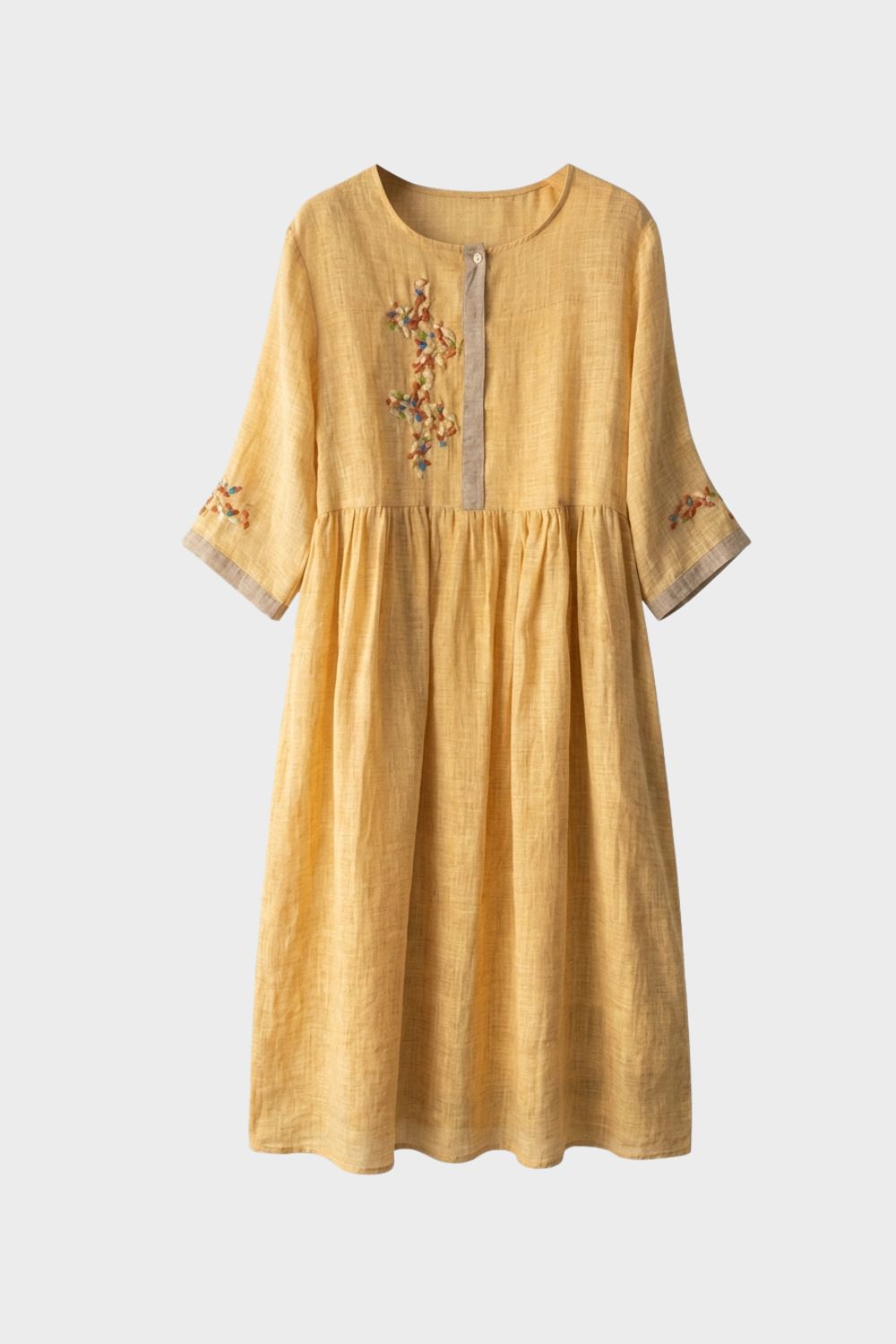 Women's Linen Midi Dress in Mustard Yellow with Embroidery and 3/4 Sleeves