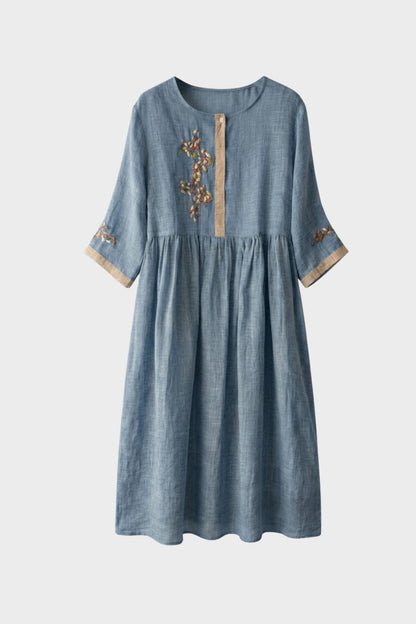 Women's Linen Midi Dress in Mustard Yellow with Embroidery and 3/4 Sleeves