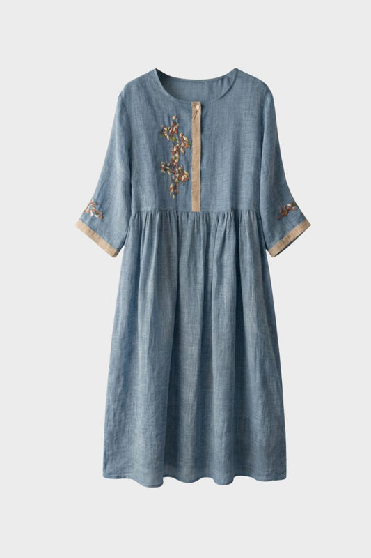 Women's Linen Midi Dress in Mustard Yellow with Embroidery and 3/4 Sleeves