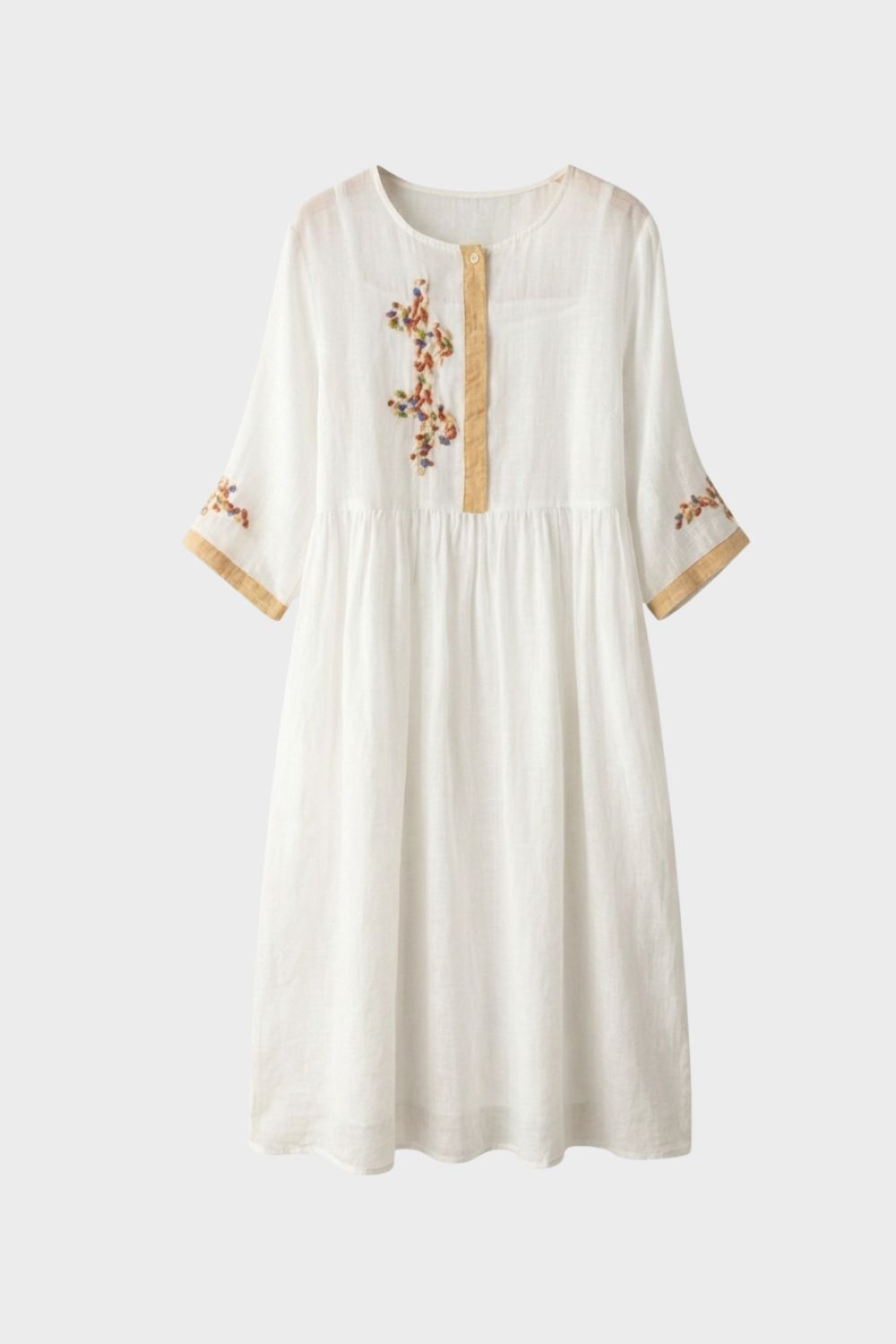 Women's Linen Midi Dress in Mustard Yellow with Embroidery and 3/4 Sleeves