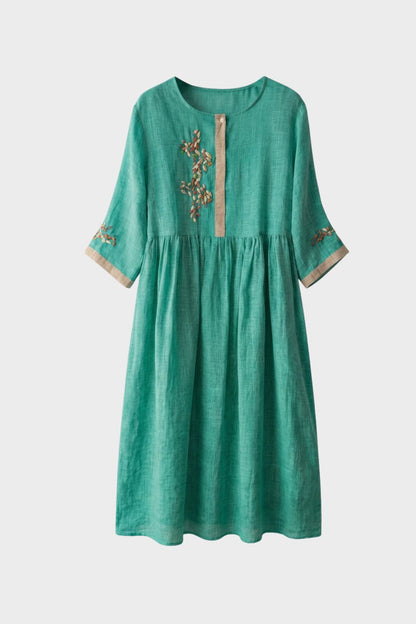 Women's Linen Midi Dress in Mustard Yellow with Embroidery and 3/4 Sleeves